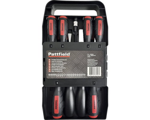 Set de 36 șurubelnițe Pattfield în cutie neagră din plastic cu mânere ergonomice.