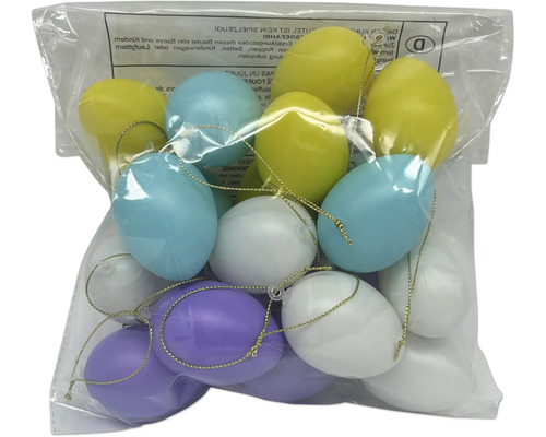 Set de ouă de Paște colorate din plastic cu șnururi de agățat aurii într-o pungă transparentă.