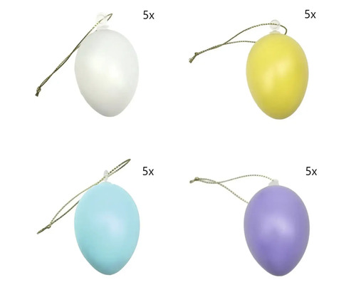 Set de 20 de ouă de Paște din plastic pentru agățat, câte 5 bucăți în culorile alb, galben, albastru și violet.