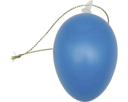 Ou de Paște albastru din plastic cu șnur de agățat auriu.