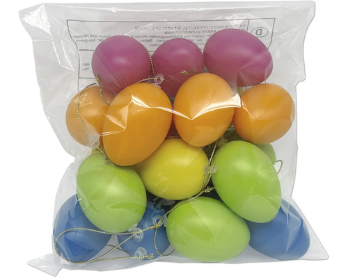 Ouă de Paște din plastic pentru agățat în diverse culori cu sfori aurii într-un ambalaj transparent.