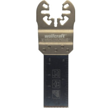 Pânză de ferăstrău Wolfcraft pentru unelte multifuncționale, cu gradație în centimetri și inchi, potrivită pentru lemn, plastic și metal.