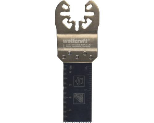 Pânză de ferăstrău Wolfcraft pentru unelte multifuncționale, pentru lemn și PVC, cu scală în centimetri și inci.