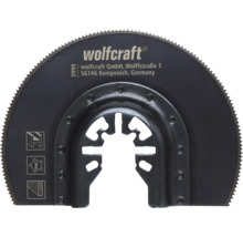 Logo Wolfcraft pe o pânză de ferăstrău segmentată pentru scule multifuncționale, adecvată pentru lemn, PVC și metal, cu prindere universală.
