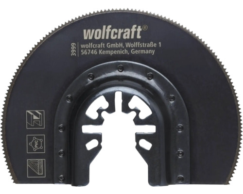 Logo Wolfcraft pe o pânză de ferăstrău segmentată pentru scule multifuncționale, adecvată pentru lemn, PVC și metal, cu prindere universală.