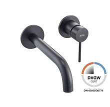 Baterie de lavoar de perete AVITAL negru mat, armătură cu 2 orificii cu pipă curbată și monocomandă, certificat DVGW.