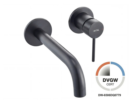 Baterie încastrată AVITAL (eco) ARNETTE negru mat, incl. corp încastrat Baterie de lavoar de perete AVITAL negru mat, armătură cu 2 orificii cu pipă curbată și monocomandă, certificat DVGW.