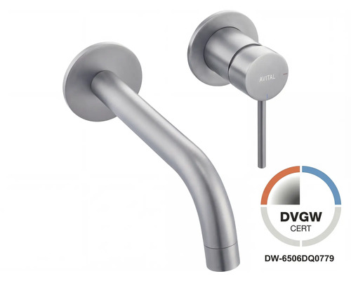Baterie încastrată AVITAL (eco) ARNETTE gun metal, incl. corp încastrat Baterie de lavoar de perete Avital cu pipă și manetă, aspect oțel inoxidabil, certificată DVGW, Avital Logo.