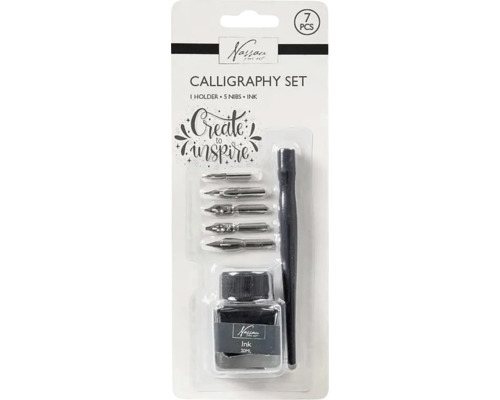 Set de caligrafie Nassau Fine Art cu un suport, cinci penițe și o călimară cu douăzeci de mililitri de cerneală.