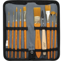 Set de pensule Daler Rowney în etui cu fermoar, conținând 10 pensule și un cuțit de pictură, diverse forme pentru diferite tehnici de pictură.