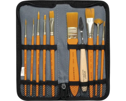 Set de pensule Daler Rowney în etui cu fermoar, conținând 10 pensule și un cuțit de pictură, diverse forme pentru diferite tehnici de pictură.