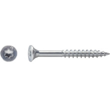Șurub din metal de culoare argintie pentru lemn cu cap înecat, amprentă Torx și filet parțial, vedere laterală și de sus a capului.