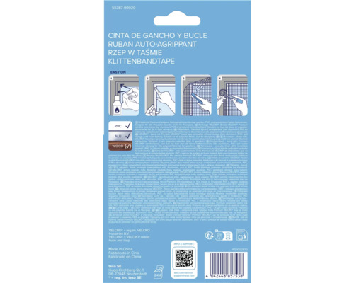 Spatele ambalajului benzii tesa pentru plase insecte cu instrucțiuni de montaj, informații PVC, aluminiu și lemn și date producător.