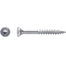Șurub pentru lemn din metal cu cap înecat și amprentă Torx, vedere de sus a capului șurubului și vedere laterală a șurubului.
