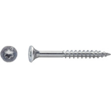 Șurub din metal cu cap înecat, filet parțial și amprentă Torx, vedere de sus și din lateral.