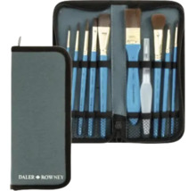 Set de pensule Daler Rowney din 10 piese în husă cu fermoar, pensule cu mânere albastre, Daler Rowney Logo.