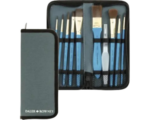 Set de pensule Daler Rowney din 10 piese în husă cu fermoar, pensule cu mânere albastre, Daler Rowney Logo.