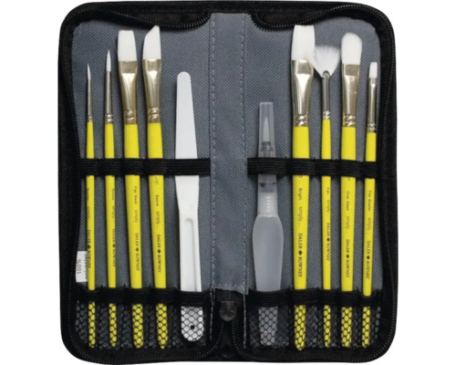 Set pensule Daler-Rowney Simply cu mânere galbene, peri albi, cuțit pictură și pensulă cu rezervor în etui negru cu fermoar.