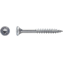 Șurub pentru lemn cu cap înecat, amprentă Torx și filet parțial din oțel, vedere de sus și laterală.
