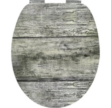 Capac de toaletă din MDF cu decor de lemn rustic și balamale metalice.