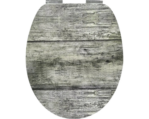 Capac de toaletă din MDF cu decor de lemn rustic și balamale metalice.