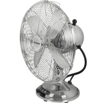 Ventilator de masă Eurom din metal cromat cu grilaj de protecție și suport stabil.