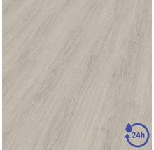 Pardoseală laminată cu aspect de lemn deschis și protecție de 24 de ore împotriva apei.