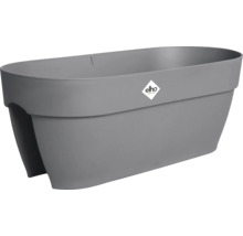 Jardinieră pentru balcon Elho din plastic gri cu decupaj pentru balustradă.