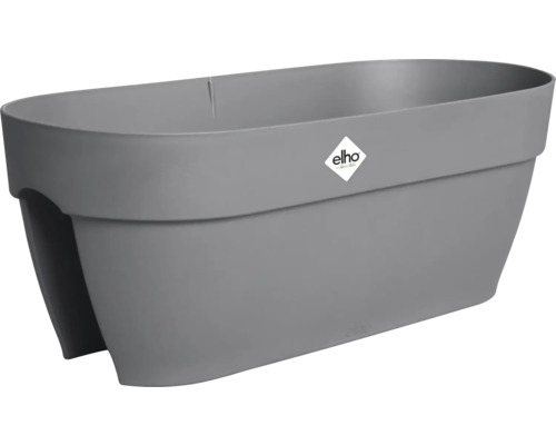 Jardinieră pentru balcon Elho din plastic gri cu decupaj pentru balustradă.