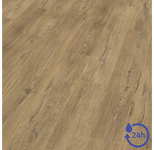 Pardoseală laminată cu aspect de lemn, suprafață structurată și protecție împotriva apei timp de 24 de ore.