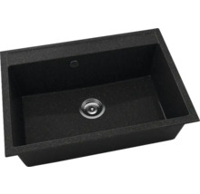 Chiuvetă de bucătărie încorporabilă din compozit de granit negru cu o cuvă, ventil cu sită și preplin.