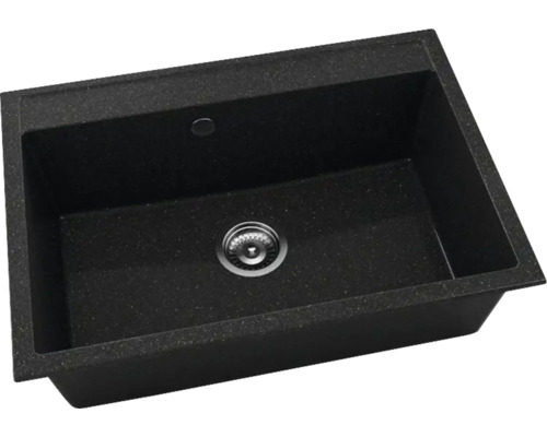 Chiuvetă de bucătărie încorporabilă din compozit de granit negru cu o cuvă, ventil cu sită și preplin.