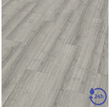 Pardoseală laminată cu aspect de lemn gri și protecție împotriva apei timp de 24 de ore.