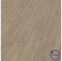 Pardoseală laminată cu aspect de lemn și rezistență la apă de 24 de ore.