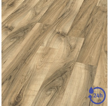 Pardoseală laminată cu aspect de stejar, textură naturală a lemnului și simbol pentru rezistență la apă de 24 de ore.
