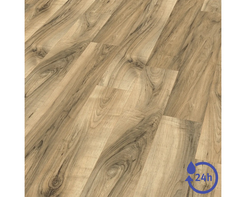 Pardoseală laminată cu aspect de stejar, textură naturală a lemnului și simbol pentru rezistență la apă de 24 de ore.