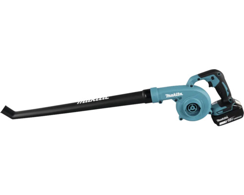 Suflantă cu acumulator Makita cu baterie de 18 Volt și tub de suflare negru lung.