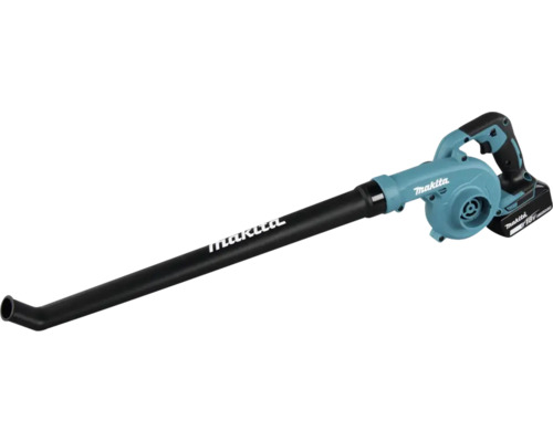 Suflantă pentru frunze cu acumulator Makita 18 volți cu tub de suflare negru lung și mâner ergonomic.
