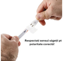 Conectare bandă LED cu marcaj săgeată pentru polaritate corectă.
