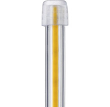 Filament LED într-o carcasă transparentă cu element luminos galben și capac de protecție mat.