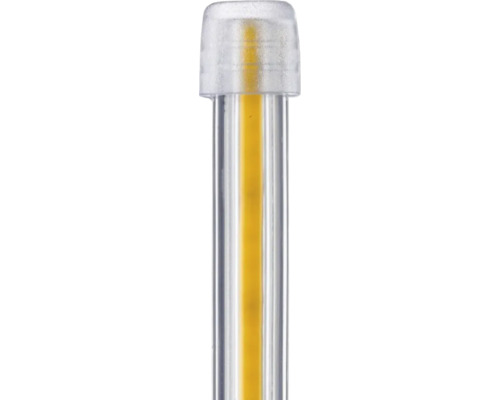 Filament LED într-o carcasă transparentă cu element luminos galben și capac de protecție mat.