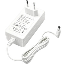 Transformator LED alb cu ștecăr european, cablu de alimentare și mufă DC. Siguranță testată și certificat CE.