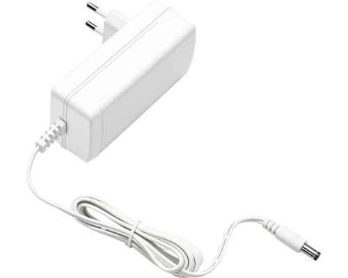 Adaptor de alimentare alb cu cablu integrat și conector de curent continuu.