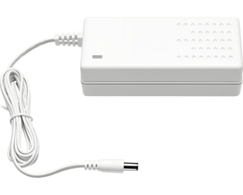 Transformator electronic alb cu cablu de conectare și mufă DC pentru alimentare electrică.