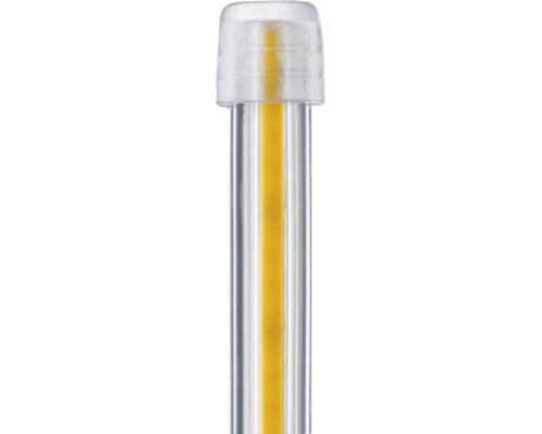 Vedere detaliată a unui filament LED într-un tub transparent cu capac de protecție.