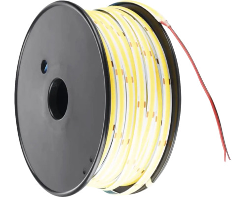 Bandă LED COB flexibilă pe o rolă de plastic neagră cu cablu de conectare.