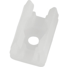 Element de fixare din plastic alb cu un orificiu rotund pentru șuruburi.