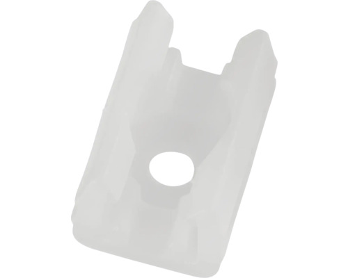 Element de fixare din plastic alb cu un orificiu rotund pentru șuruburi.
