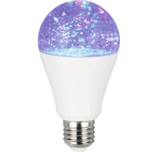 Bec LED E27 cu efect de sclipici mov și carcasă albă pentru iluminat decorativ.