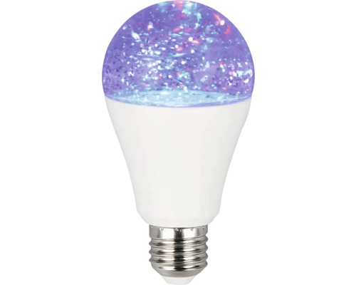 Bec LED E27 cu efect de sclipici mov și carcasă albă pentru iluminat decorativ.